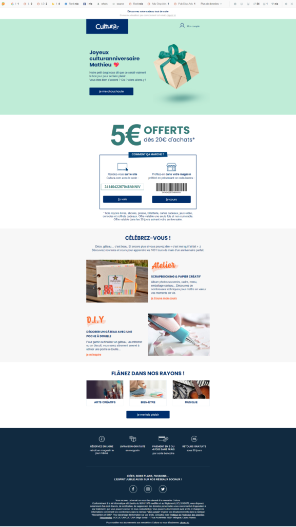 Email Cultura - Exemple d'email anniversaire qui peut déclencher un achat - Fidélisation