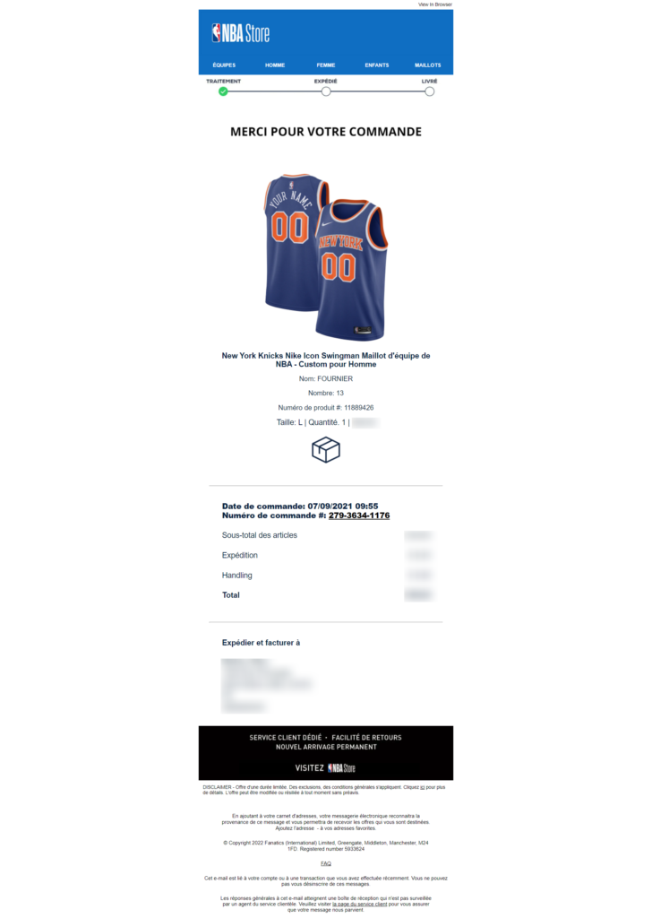 Email NBA Store - Exemple d'email remerciement commande - Réassurance