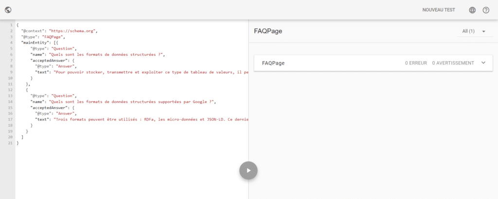 Capture d'écran de la validation de la donnée structurée :  https://validator.schema.org/