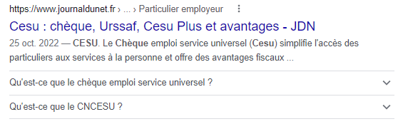 Capture d'écran d'une SERP montrant un extrait enrichi de type FAQ